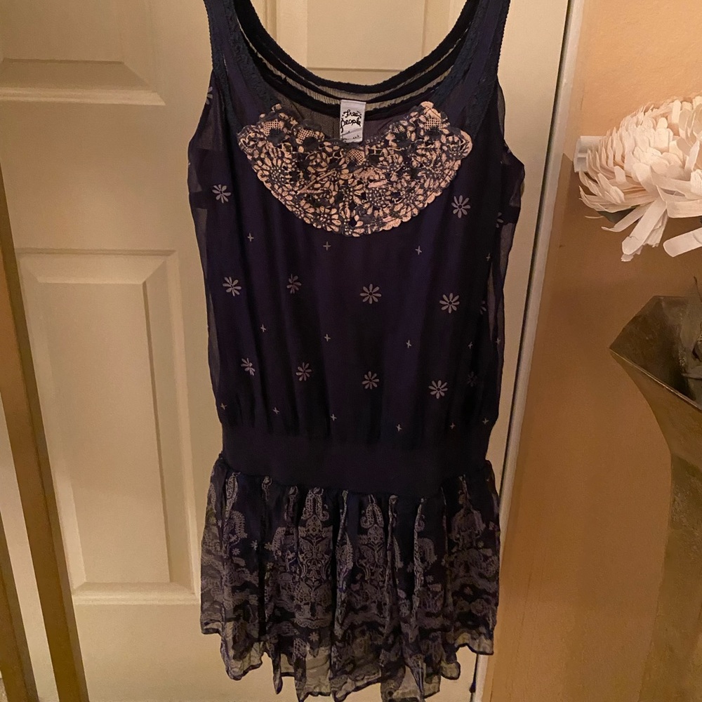 Free People Navy Blue + Tan Boho Mini Dress/Top-NWT-Size 0